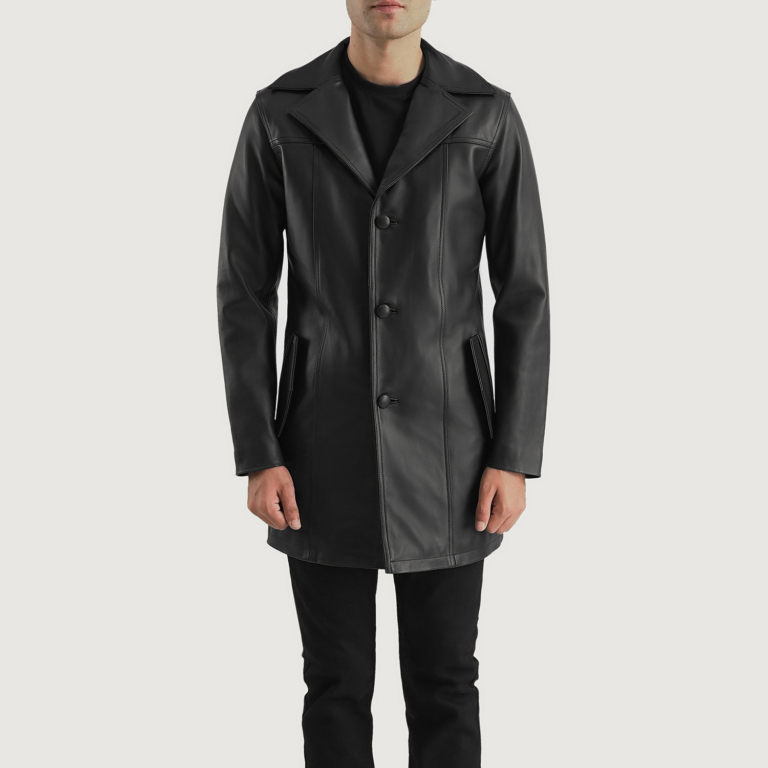 Mens Brawnton Black Leather Coat Close Front-5-1700480162997